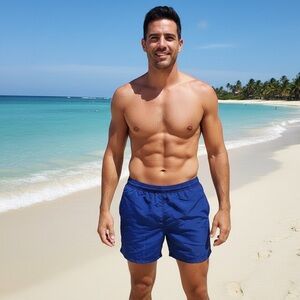 New Swim Trunks Blue Elastic Tie Board Shorts Pockets Lined Cruise Pool Beach L